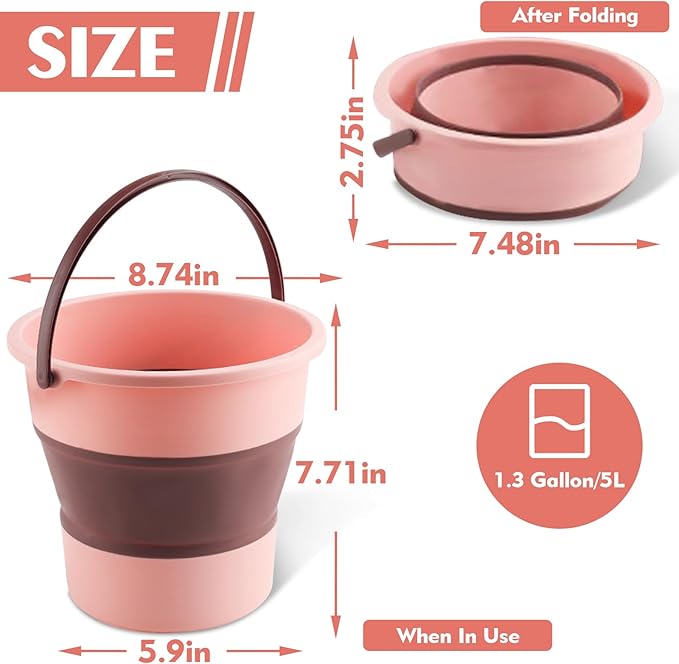 Collapsible Bucket 1.3 Gallon/5L Small Plastic ousehold Cleaning Mop Buckets Foldable Water Bucket for Car Wash Fishing Camping Beach (Pink)
