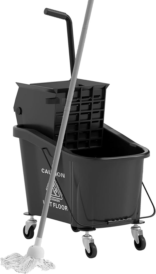 HOMCOM Mop Bucket with Wringer on Wheels for Floor Cleaning, 38 Quart Down Press Wringer with Handle and Mop, Black