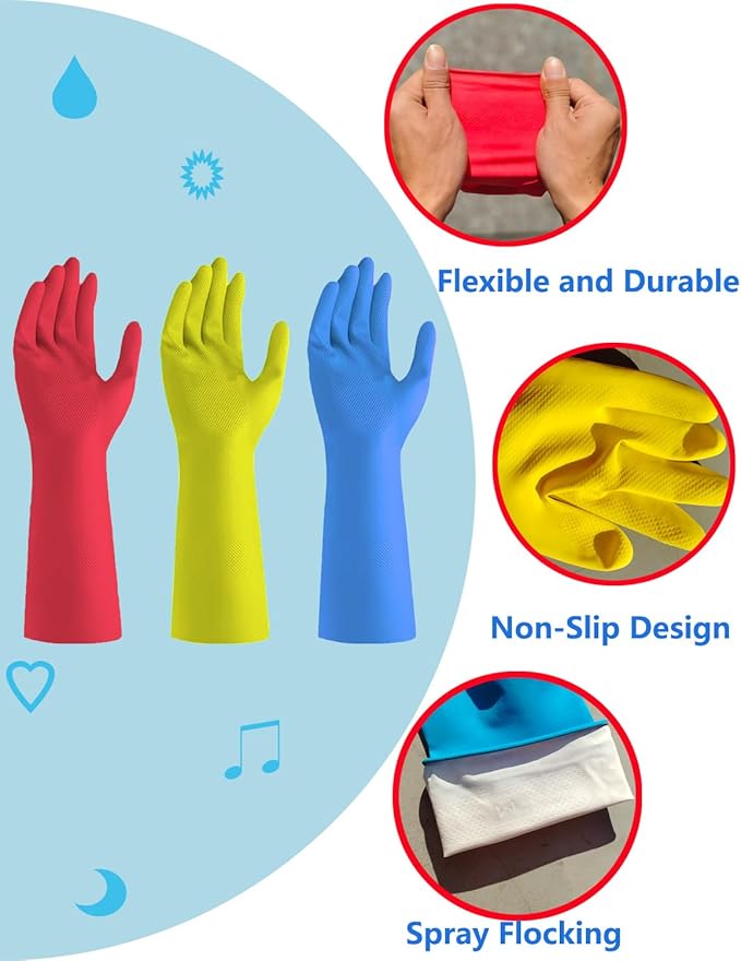 Reusable Latex Dishwashing Gloves – 3 Pairs Waterproof Non-Slip Kitchen Cleaning Gloves, Medium Size Dish Gloves for Women, Flexible and Durable (Red+Yellow +Blue) Medium
