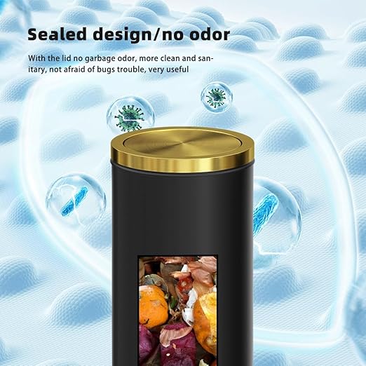 30L/8GAL Gold Brass Kitchen Trash Can,Tall Commercial Garbage Can with FILP Lid,Black and Gold Trash Can for Kitchen,Shopping mall,Elevator gate,Airport, Hotel,Commercial (Black)