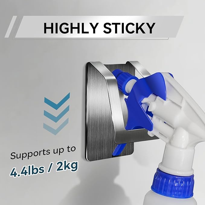 KIHOGEM Spray Bottle Hanger, Adhesive Spray Bottle Hook Stainless Steel Spray Bottle Holder Wall Mount Non Drilling for Cabinet, Kitchen or Under Sink (4pcs)