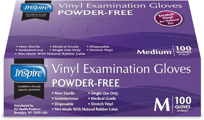 Inspire Exam Grade Powder & Latex Free Stretch Vinyl Gloves, Medium, 100 Count, White