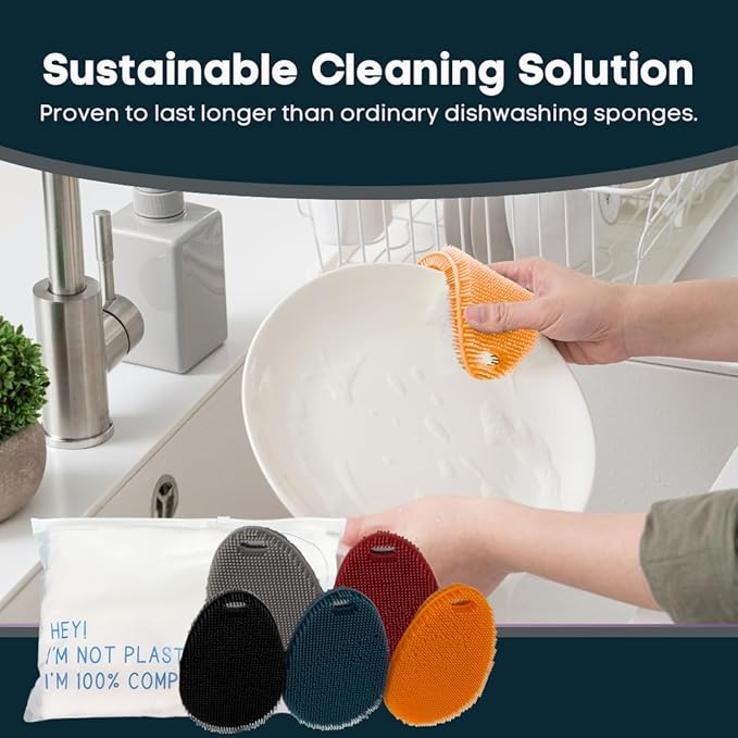 Silicone Sponge Dish Scrubber - Food Grade and Housecleaning - BPA Free Silicone Kitchen Scrubber [5 Pack Ovals Winter]