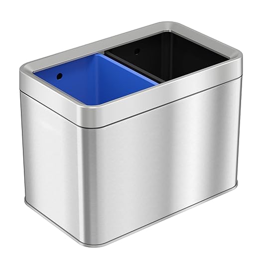 iTouchless 20 Liter / 5.3 Gallon Open Top Waste Trash Can & Recycle Bin with 2 Recycle Stickers, Dual Compartment Slim Stainless Steel Container