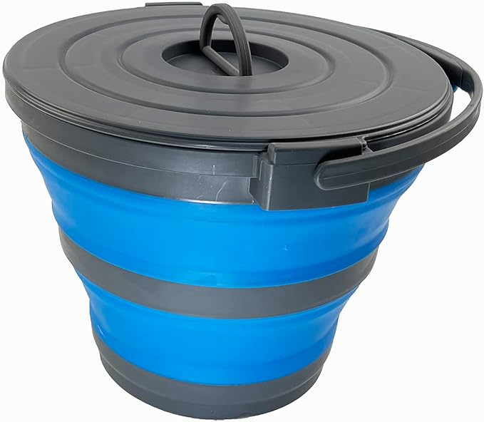 SAMMART Set of 2-10L (2.64Gallon) Collapsible Fishing Bucket Locking Lid, 31cm Dia. (2, Grey/Blue)