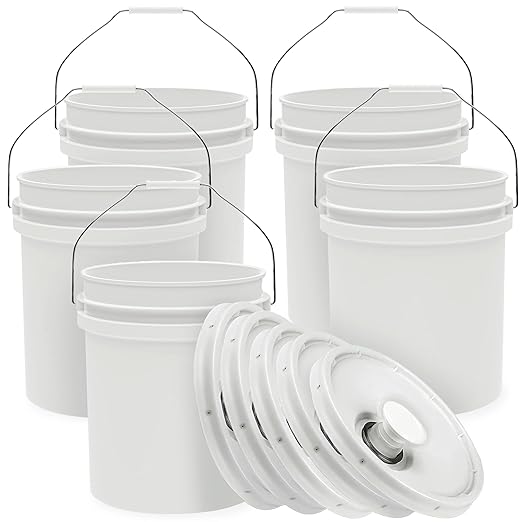 5-Gallon White Bucket Pail with Spout Lid, Metal Handles with Plastic Grip for Easy Carrying, Easy Stack and Store, Heavy-Duty Extra Durable, Food Grade, BPA Free - 5 Pack