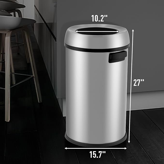 Towallmark 65L/17Gal Heavy Duty Open Top Commercial/Kitchen Trash Can, Fingerprint-Resistant Waste Bin for Office Bedroom Restaurant, Brushed Stainless Steel