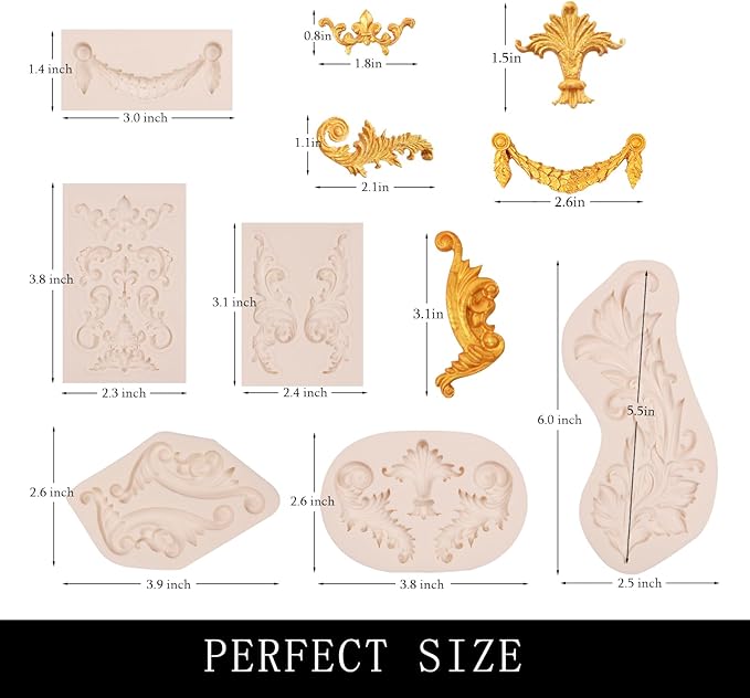 muyulin Baroque Silicone Molds Decorative Clay Mould, Fleur-de-lis Patterns 6 Pieces Scroll Feather Design for Chocolate Cake Decoration Cupcake Toppers