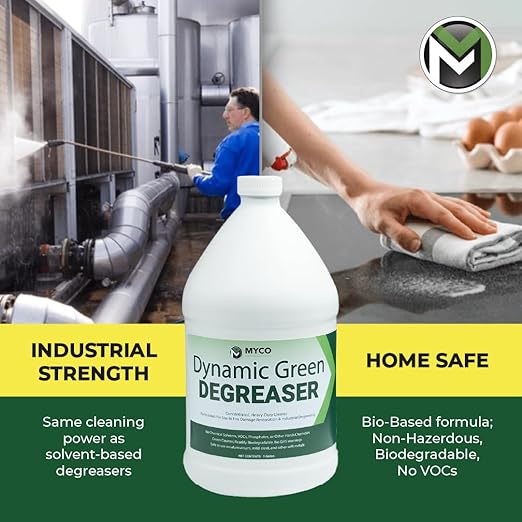 Myco Dynamic Green Degreaser 1 Gal – Biodegradable Heavy-Duty Cleaner & Concentrate, pH 12.4, VOC-Free, Makes 55 Gal, Commercial & Residential Multi-Surface Use: Kitchen, Equipment, Fire Restoration
