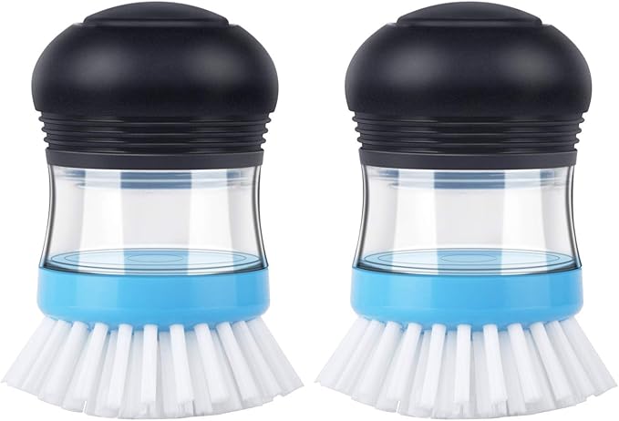 MR.SIGA Soap Dispensing Palm Brush, Kitchen Brush for Dish Pot Pan Sink Cleaning, Pack of 2, Navy/Blue