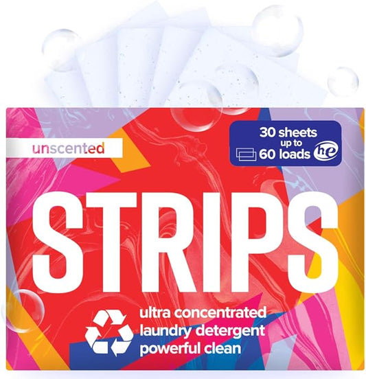 STRIPS Laundry Detergent Sheets Unscented (30ct, 60 loads) Fragrance Free Eco Liquidless Soap, Travel-Friendly, Dissolves in Hot & Cold, Hypoallergenic, Tackles Tough Stains & Odors