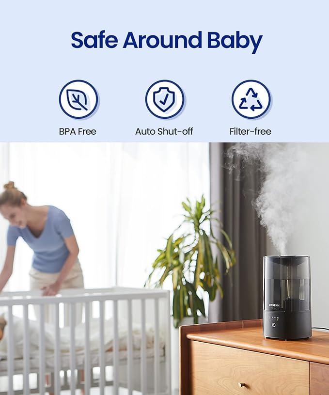 Humidifiers for Bedroom (1.1L), Small Cool Mist Humidifier for Home Plant and Baby Nursery, Quiet Ultrasonic Humidifier with 360° Nozzle, Auto Shut-Off, Filterless, Black