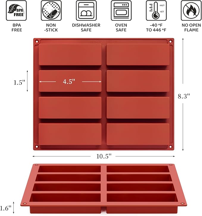 2 Pack Silicone Granola Bar Molds, 8 Cavity Rectangle Protein Bar Mold Silicone Baking Molds for Butter/Chocolate/Candy/Cereal/Energy Bars