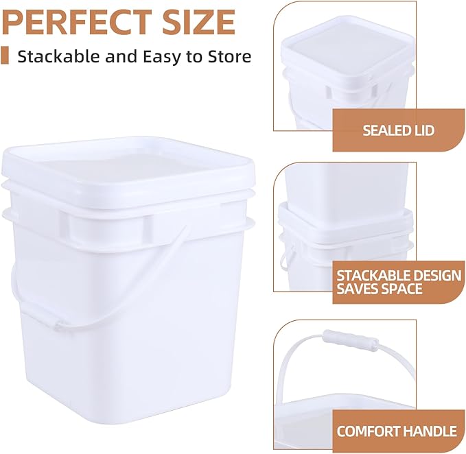 3 gal Food Grade Plastic Bucket Pail Container with Lid/Handle (Pack of 4)