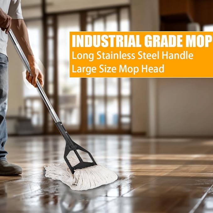 Wet String Mop for Floor Cleaning, Heavy Duty Mop with 2 Reusable Heads, Long Handle Industrial Cotton Mop for Restaurant Home Garage Office Patio Warehouse (Black)