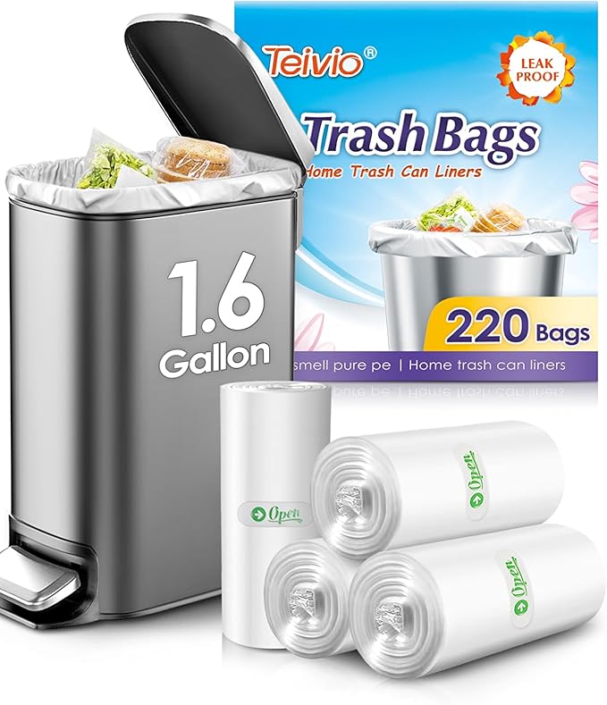 1.6 Gallon 220 Counts Strong Trash Bags Garbage Bags, Bathroom Trash Can Bin Liners, Small Plastic Bags for home office kitchen, Clear