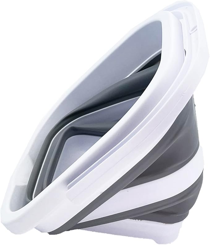 SAMMART Collapsible Rectangular Cleaning Bucket 5L (1.3 Gallon)- Foldable Camping Beach Sand Water Pot Pail- Portable Space Saving Tub for Household, Outdoor Car Washing (White/Grey (Set of 2))