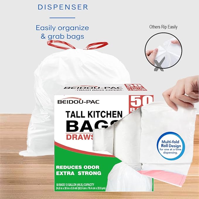 Trash Bags 13 Gallon Drawstring, 50 Count Garbage Bags, Tall Kitchen Trash Bags, Odorless & Extra Strength White Plastic Food Scrap Bag for Home Office Bathroom Kitchen Bins