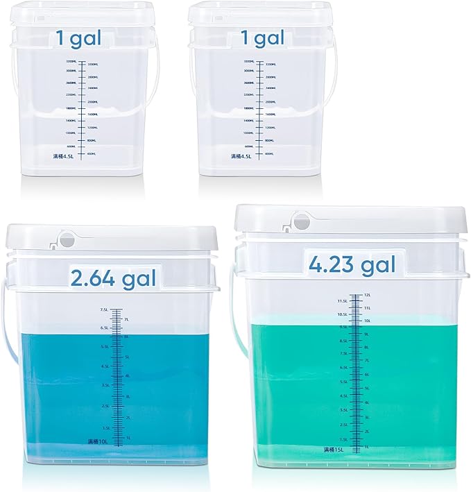 ASEVAT 4Pack Clear Bucket Graduated Pail Container with Lid, Square Food Grade Buckets, Cleaning Containers Plastic Pails Extra Durable Handles with Grip for Easy Carrying