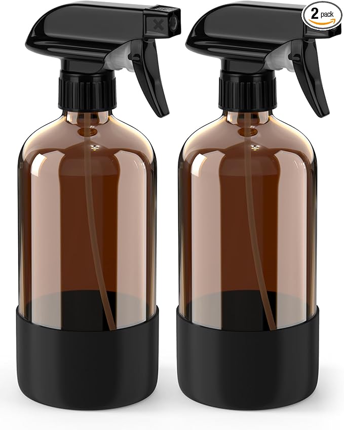Glass Spray Bottle with Silicone Sleeve Protection, Amber Glass Spray Bottle Set for Window Cleaner Aromatherapy Facial Hydration Watering Flowers Hair Care 2 Pack/16 oz (Black)