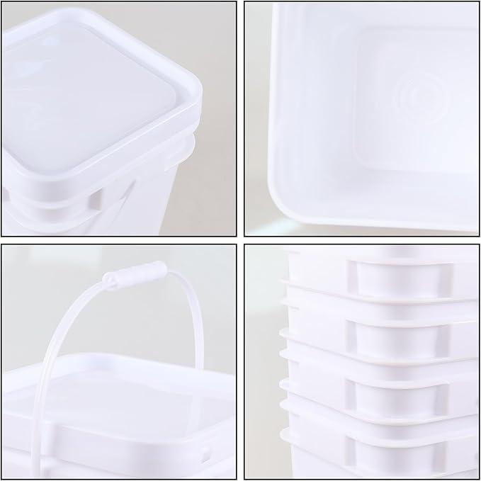 4 Pcs 3 Gallon Plastic Square Bucket Pail Container with Lid, White Bucket Food Grade Square Bucket with Plastic Handle