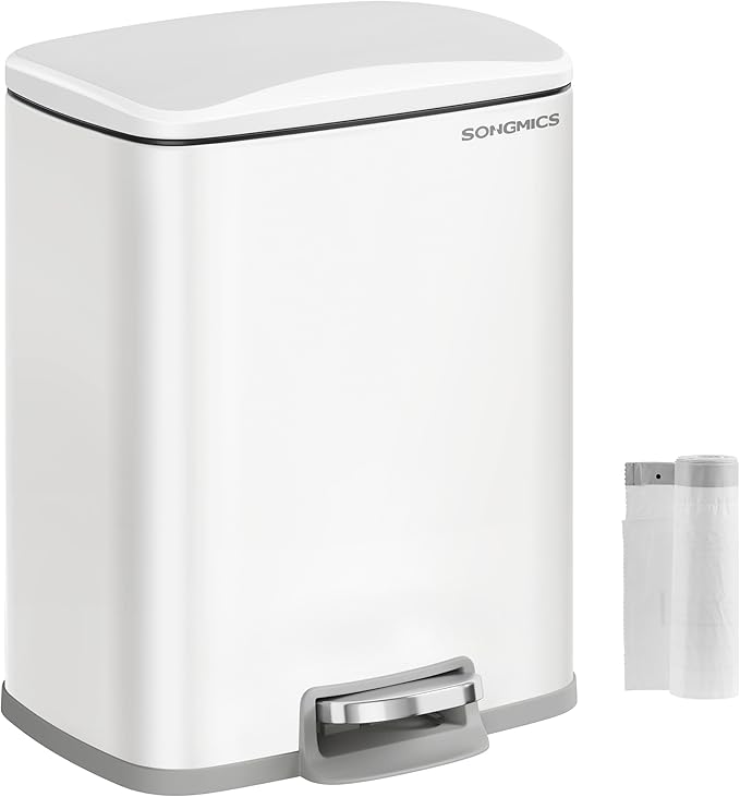 SONGMICS Trash Can, Garbage Can with Lid, 5.2-Gallon (20L) Step Trash Bin for Kitchen, Stainless Steel, Soft Close and Stays Open, Inner Bucket, Includes 15 Trash Bags, White ULTB543W01