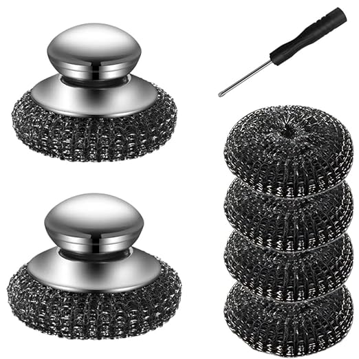 Steel Wool Scrubber with Handle: 7Pcs Stainless Steel Scrubber Brush Set – 2 Brushes, 4 Replaceable Pads, 1 Screwdriver for Home Cooks,BBQ Enthusiasts Anti-Scratch, for Grill, Pot, Stove, DIY Use