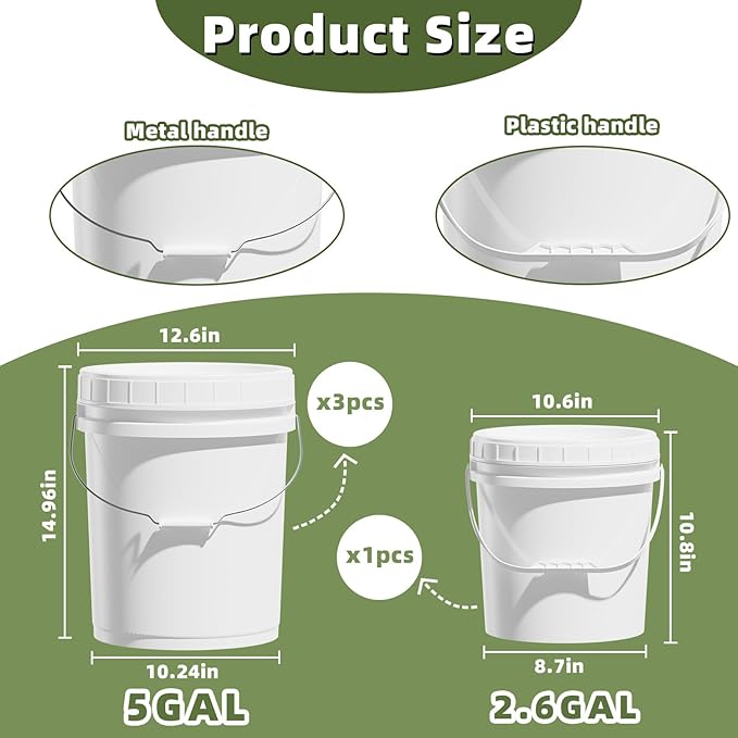 ASEVAT White 5 Gallon Bucket with Lid, Food Grade Storage Containers with Lids, Pail Container, Bucket for Cleaning Heavy-Duty Extra Durable Lron Handles BPA Free