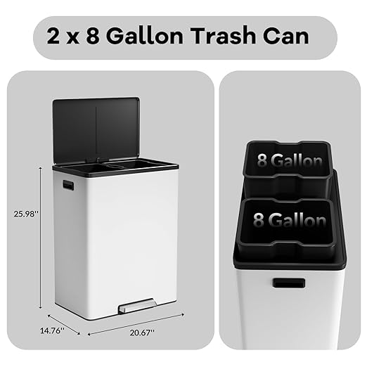 GarveeHome Step Dual Trash Can, 60L/16 Gallon Recycle Bins with Lid, 2 Removable Wastebusket, Step Pedal, Large Stainless Steel Double Trash Bin for Kitchen, Bathroom
