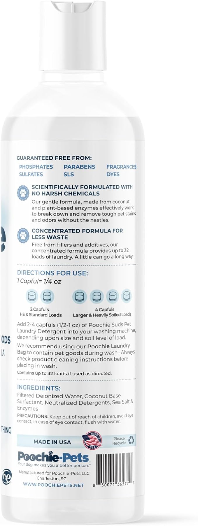 Poochie Suds Pet Laundry Detergent, Enzyme Cleaner and Odor Remover, Hypoallergenic and Fragrance-Free Pet Safe Detergent for Dog and Cat Bedding, Blankets, Toys and Gear, Made in USA, 16 fl oz