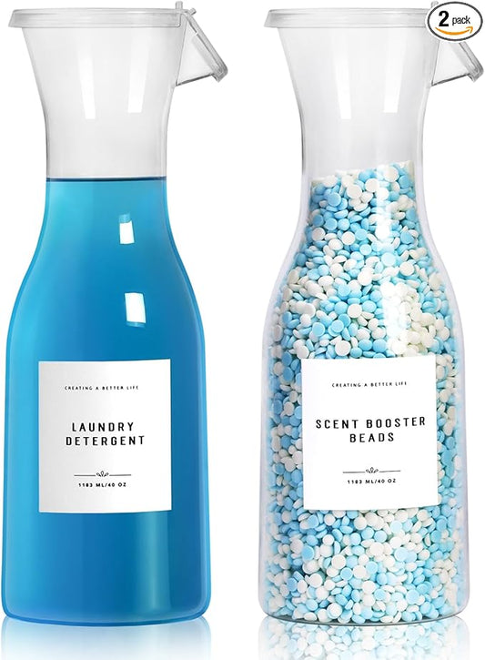 Laundry Detergent Dispenser Bottle 40oz with Waterproof Label for Laundry Detergent Soap Fabric Softener Bleach Scent Booster Beads, Sturdy PET Bottle for Laundry Room Decor 2 Pack White