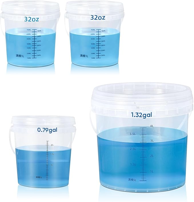 ASEVAT 4Pack Clear Bucket Graduated Pail Container with Lid, Food Grade Buckets, Cleaning Containers Plastic Pails Extra Durable Handles with Grip for Easy Carrying