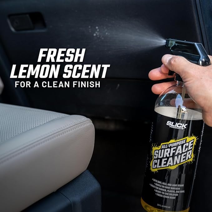 Slick Products All-Purpose Surface Cleaner – Vehicle Interior & Exterior Spray for Rubber, Plastic, Vinyl, Carpet & Upholstery – Ready-to-Use Lemon Scented Cleaner – 64 oz.