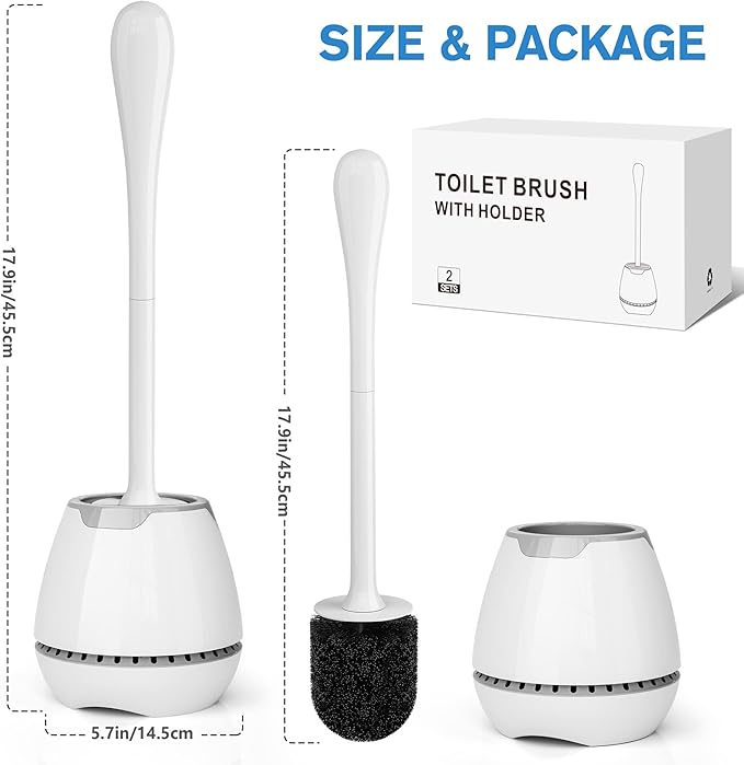 Toilet Brush 2 Pack, Toilet Bowl Brush with Ventilated Holder and Ergonomic Long Handle, Durable Bristles Toilet Scrubber Set for Bathroom Cleaning(White)
