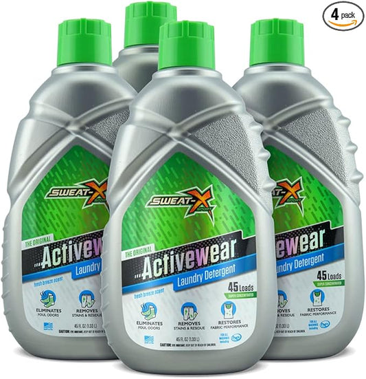 Sweat X Original Activewear Laundry Detergent – Remove the Worst Odors & Toughest Stains – High Performance Sports Wash for Training Gear & All Fabric Types – 45 Loads/Bottle – 4 Pack