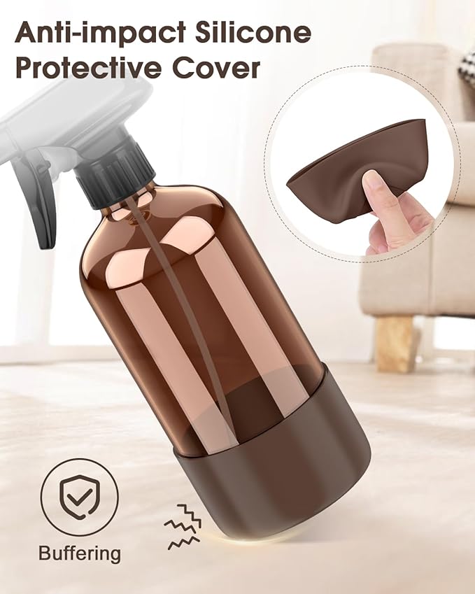 Glass Spray Bottle with Silicone Sleeve Protection, Amber Glass Spray Bottle Set for Window Cleaner Aromatherapy Facial Hydration Watering Flowers Hair Care 2 Pack/16 oz (Black & Brown)