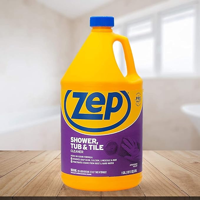 Zep Shower, Tub and Tile Cleaner - 1 Gallon (Case of 4) ZUSTT128 - No Scrub Pro Formula with Acid, Breaks Up Tough Buildup on Contact, Revealing Squeaky Clean Results