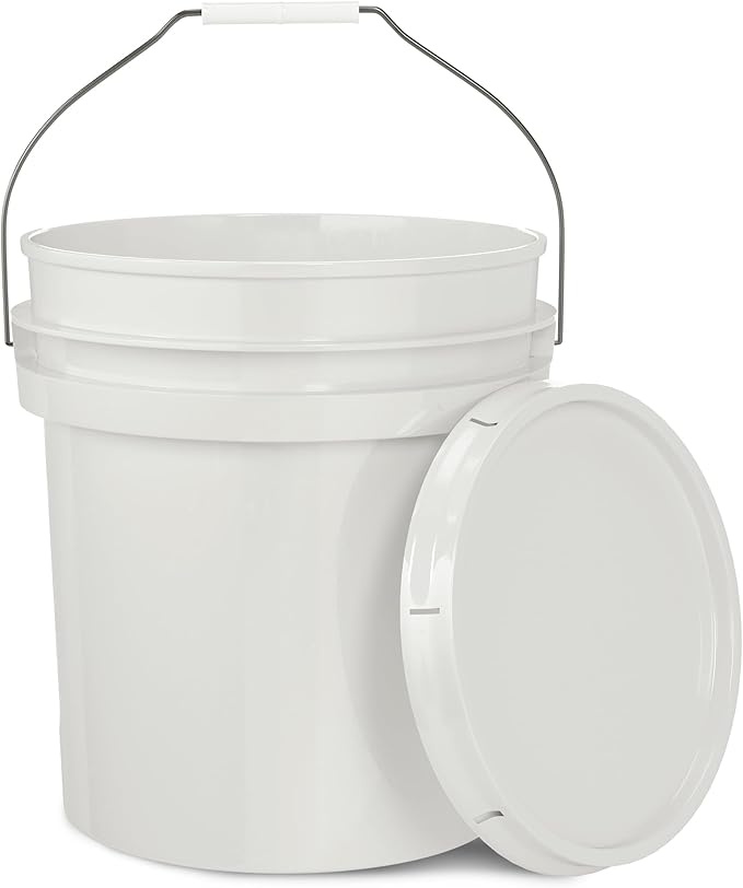 5-Gallon White Bucket Pail Container with Lid | Food Grade | Heavy-Duty Extra Durable | Metal Handles with Plastic Grip for Easy Carrying | Multi-Use | Easy Stack and Store | BPA Free