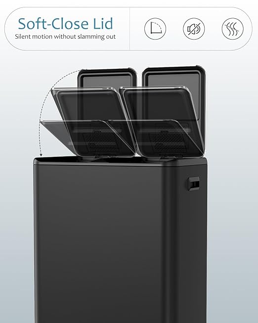 16 Gal (2 x 30 L) Dual Trash Can, Stainless Steel Kitchen Garbage Bin, Recycle Dustbin with Odor Control Box, Soft-Close Lid, Inner Buckets, Side Handle, Step Pedal, for Home Office