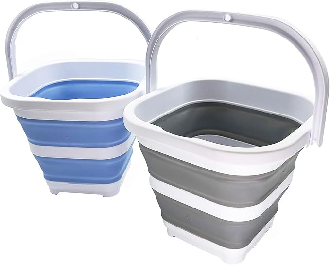 SAMMART Collapsible Rectangular Cleaning Bucket 5L (1.3 Gallon)- Foldable Camping Beach Sand Water Pot Pail- Portable Space Saving Tub for Household, Outdoor Car Washing (Grey + Baby Blue (Set of 2))