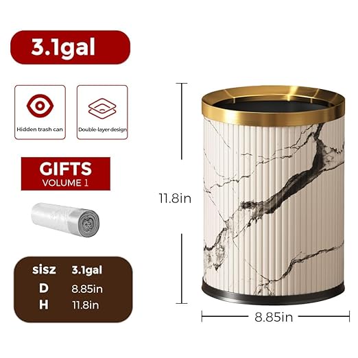 Small Fancy Bathroom Trash Can, Metal Trash Can Covered with Leather, Open Top, Hide The Garbage Bag，Bathroom, Living Room, Bedroom, Office, Bank, Hotel (12L-Ink Painting)