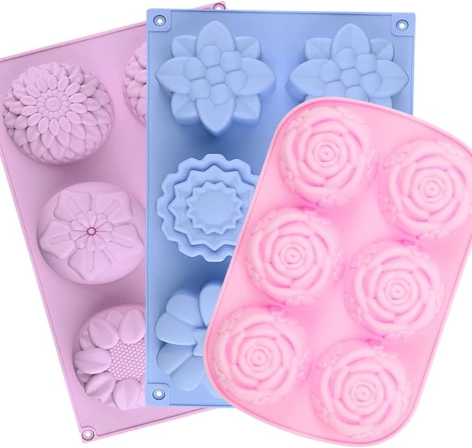 Soap Molds Silicone Shapes-3PCS 6 Cavities Flower Soap Mold,Silicone Molds for Soap Bath Bombs Shower Steamer Lotion Bars