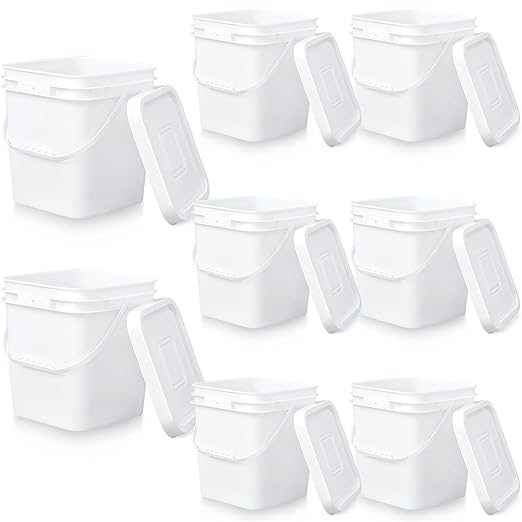 Mumufy 8 Pcs 3.5 Gallon Square Food Grade Bucket with Lid Square Bucket Pail with Plastic Handles for Storing Dry Food, Charcoal, Camping, Fishing (White)