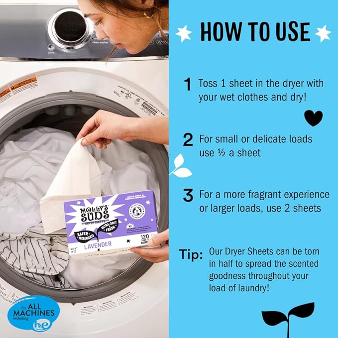 Molly's Suds Fabric Softener Dryer Sheets for Sensitive Skin | Plant-Based Static Reducer, Plastic-Free Packaging | Peppermint (120 Sheets)