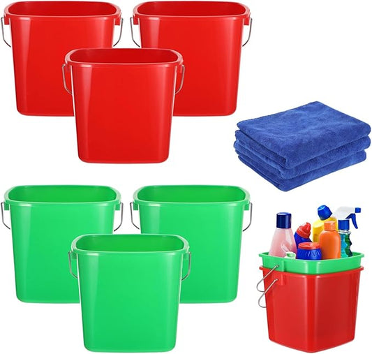 yeesport 6 Pcs Cleaning Buckets, Square Plastic Buckets with Metal Handles, Red & Green Square Caddies, Small Cleaning Pails for Home, Office, and Car Cleaning, 3 Towels Included