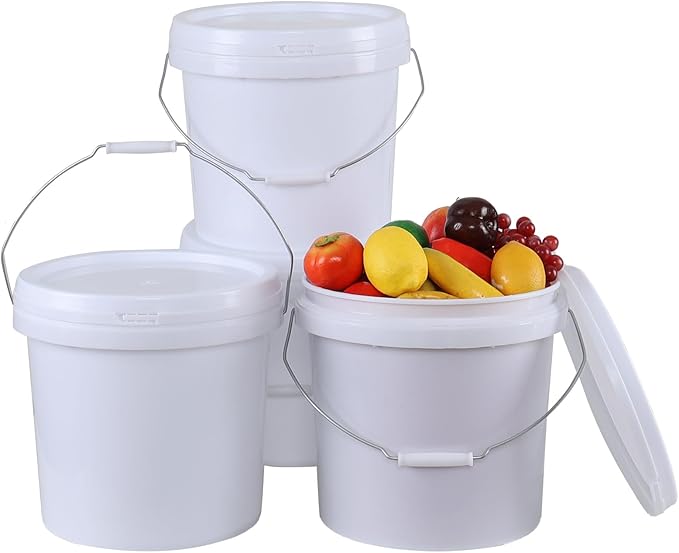 4 Gallon Plastic Round Bucket Pail with Lid, 4-Pack Food Storage Buckets with Handles, White