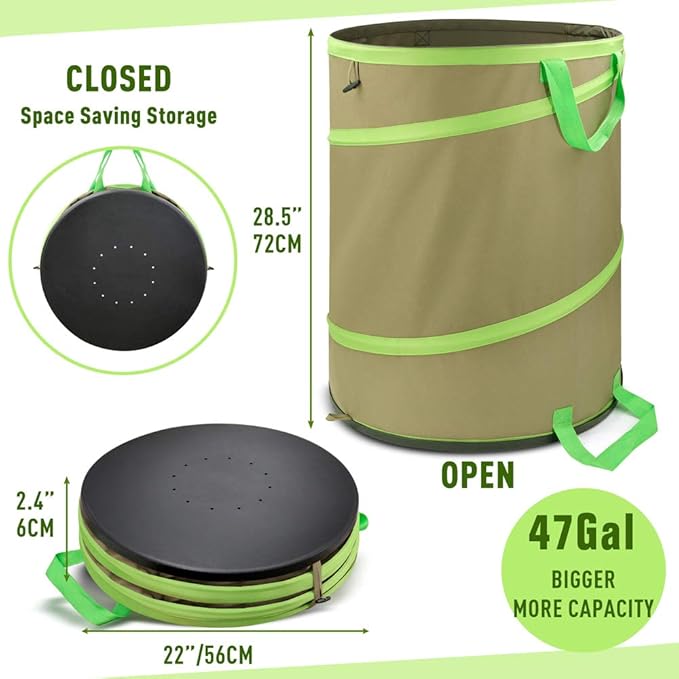 Colwelt Collapsible Garden Bag 47Gallon, Collapsible Leaf Bags with Hard Bottom, Heavy Duty Yard Waste Bag Leaf Bin, Leaf Pop up Trash Can (come with Leaf Scoop, Garden Gloves)