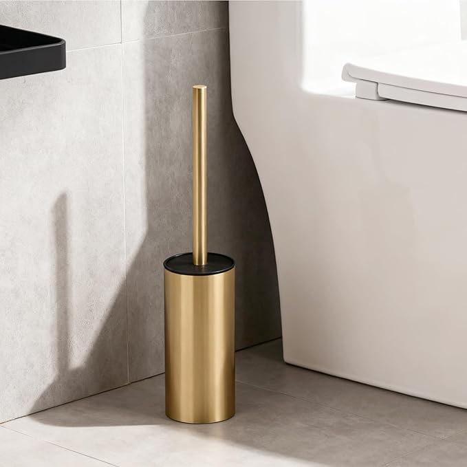 Toilet Brush and Holder Set, NEWRAIN 304 Stainless Steel Toilet Brush with Long Brush Handle, Brushed Gold Toilet Scrubber and Covered Holder, Round Design Sturdy and Space Saving, Covered Brush