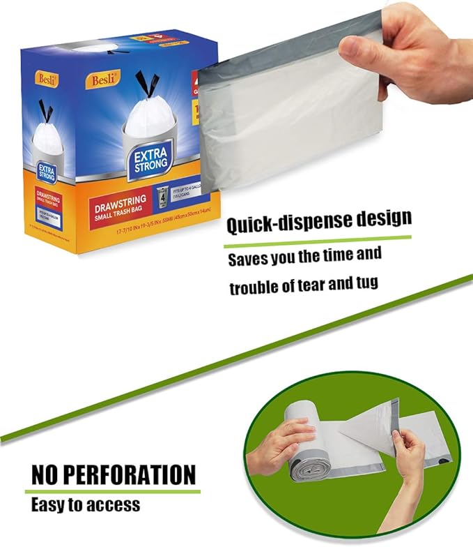 Besli 4 Gallon Drawstring Trash Bag Small Garbage Bag,100 Counts (White, 4 Gallon)