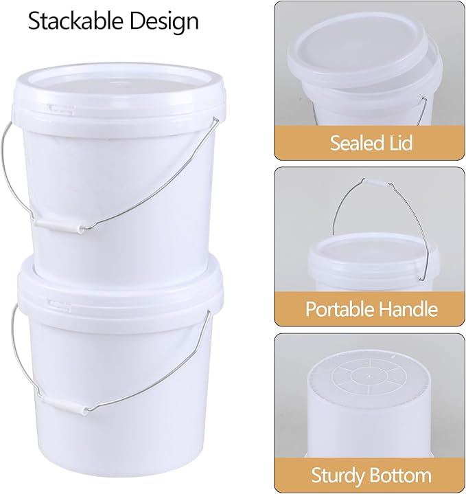 4 Gallon Plastic Round Bucket Pail with Lid, 4-Pack Food Storage Buckets with Handles, White